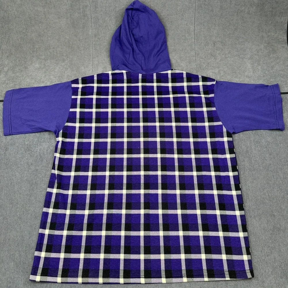 Vintage Hooded 90s Surf Shirt Purple Plaid Short Sleeve Pullover Checkered Y2K